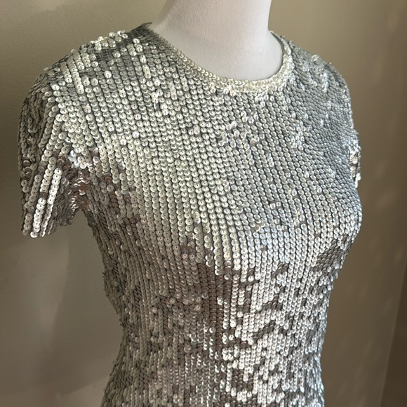 Oscar De La‎ Renta Sequin Gray Silver Short Sleeve Scoop Neck Top Blouse Size S - Picture 3 of 11